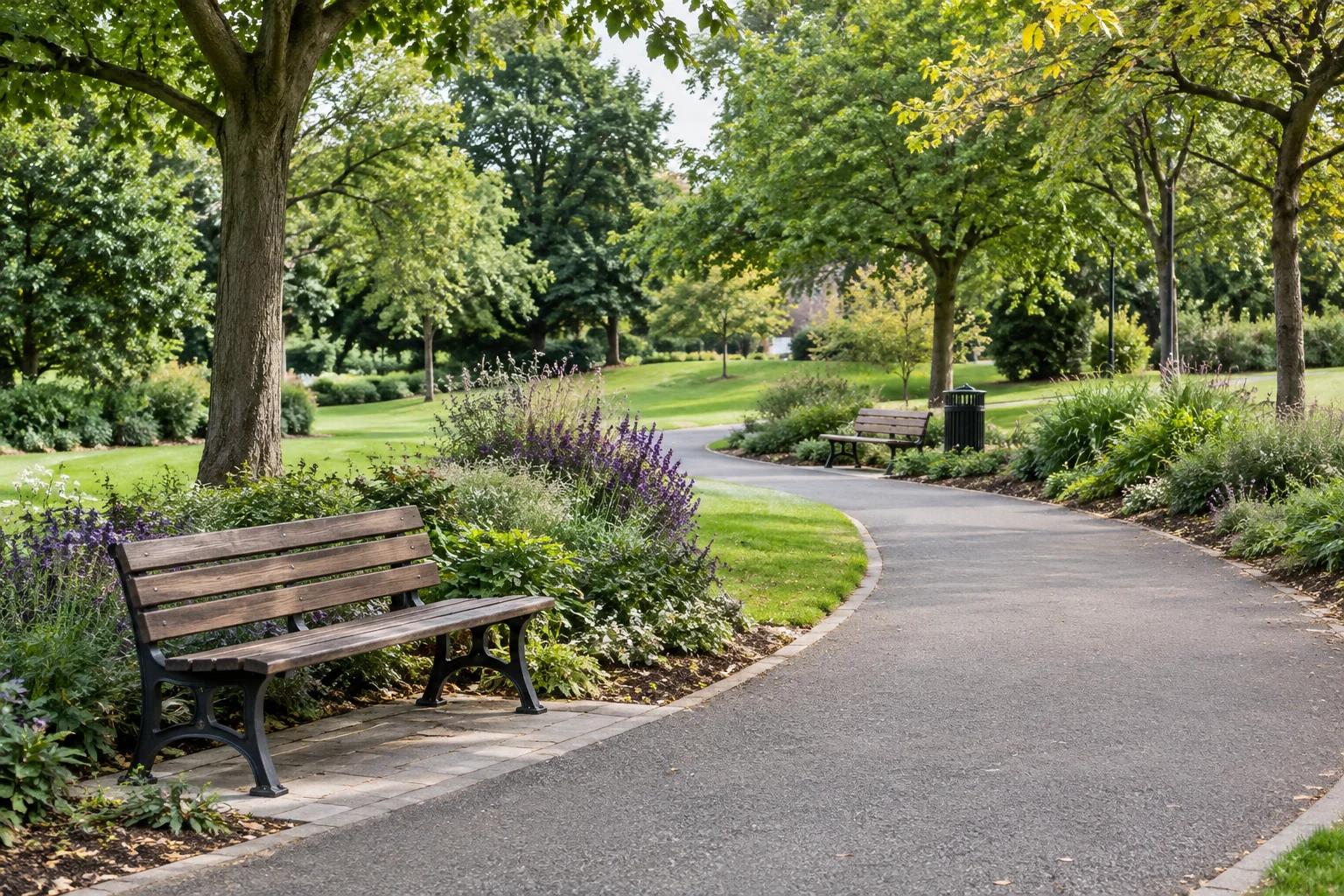 A public green space with a winding footpath, wooden benches, planted borders and mature trees