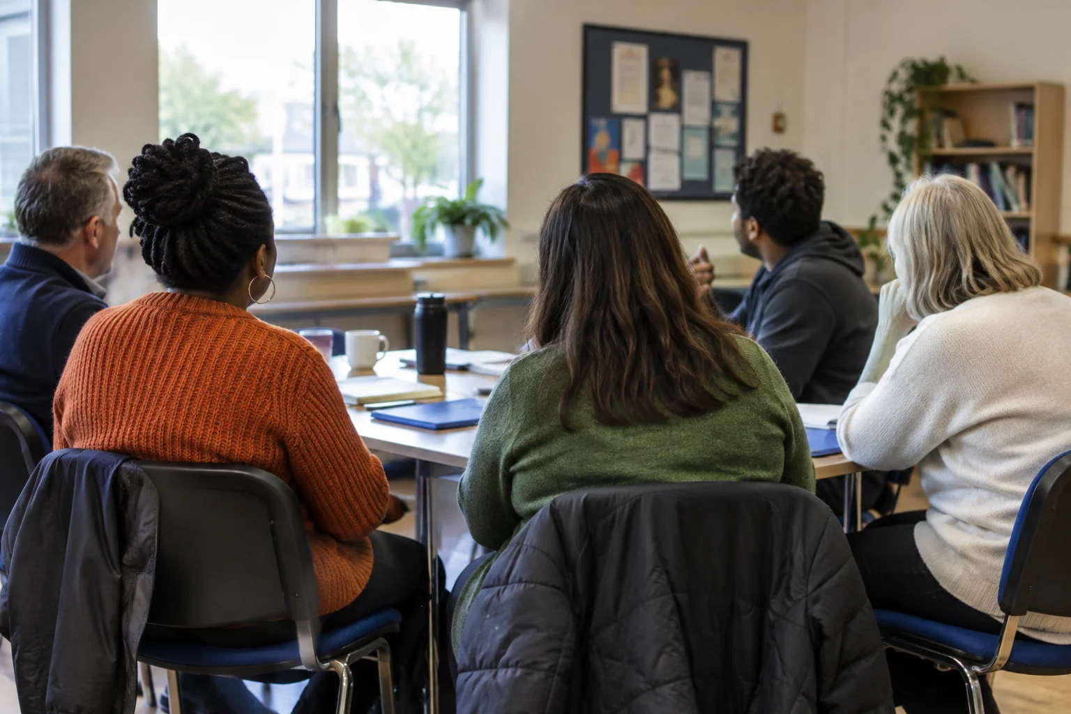 Anonymous adults seated around a table in a modest community room, with faces turned away and no readable materials