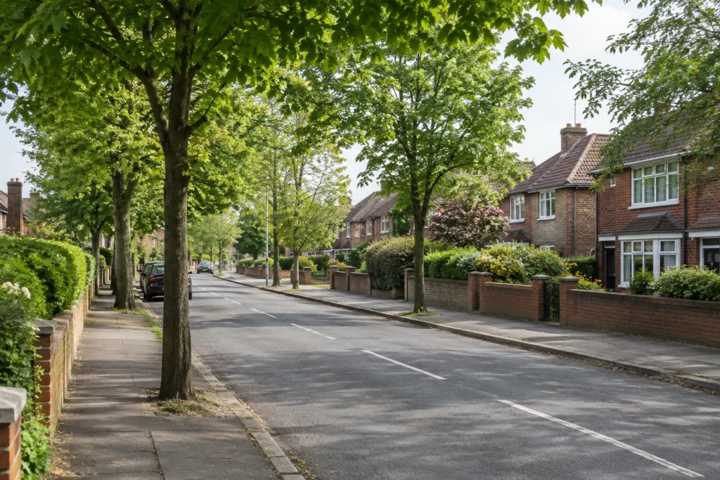 A quiet residential street with brick houses, pavements and mature trees in soft daylight