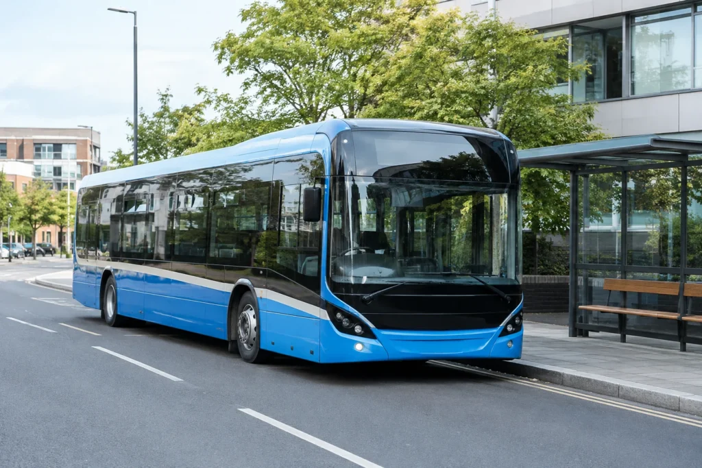 Unbranded blue city bus beside a roadside passenger shelter
