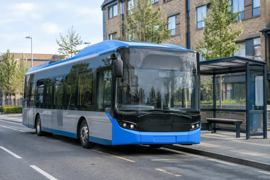 Blue city bus standing beside a glass passenger shelter