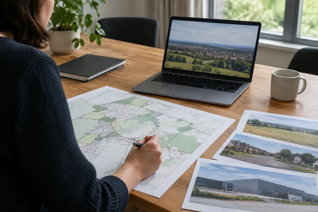 Person reviewing a printed map beside a laptop and building photographs