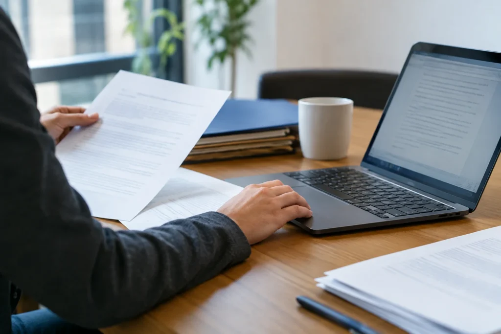 Person reading documents beside an open laptop