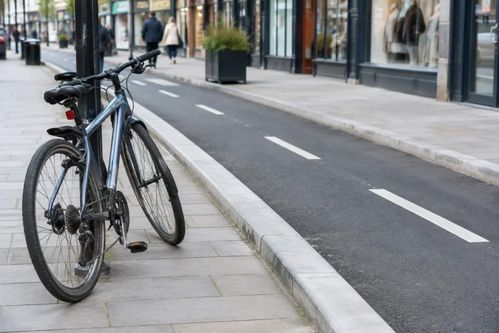A bicycle beside a paved urban footway, with a kerb-separated cycle track and indistinct shopfronts in the background