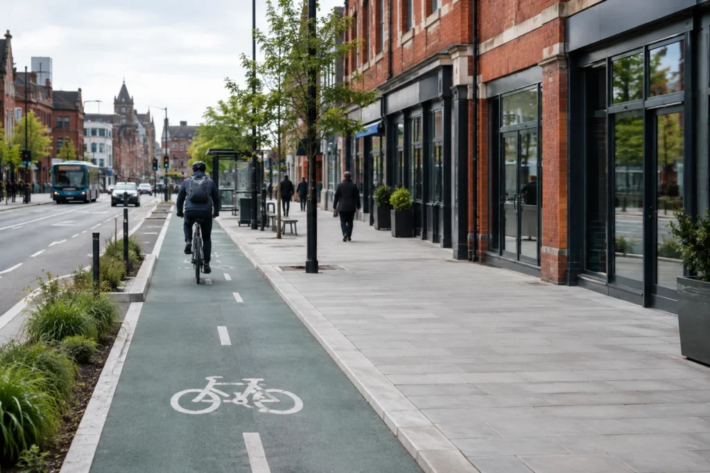 A street-level view along a segregated cycle track beside a broad pavement and brick commercial frontages without readable signs