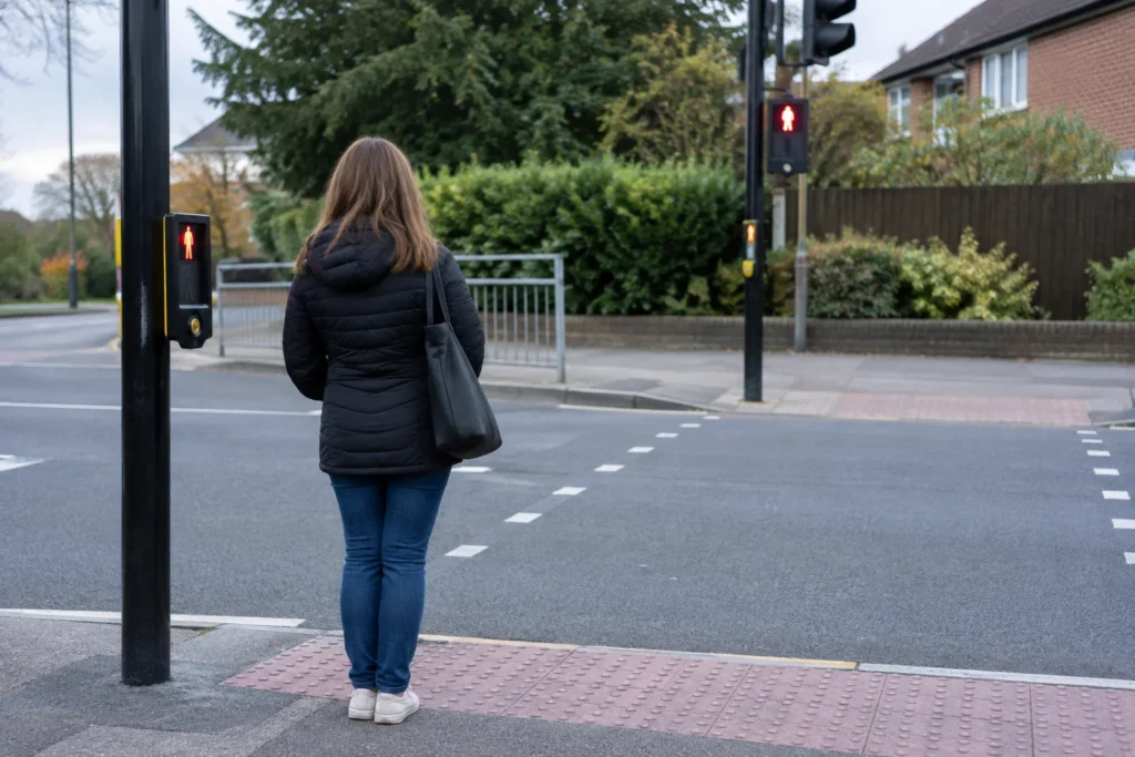 A pedestrian crossing with signal poles, tactile paving and an anonymous adult waiting at the kerb, viewed from behind