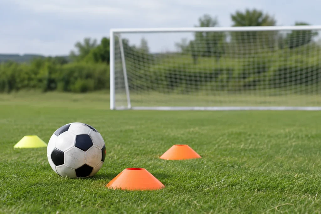 A football and training cones on grass beside an empty practice goal
