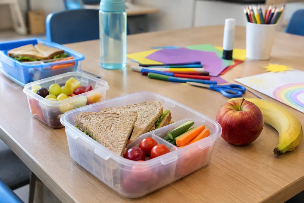 Plain lunch containers with sandwiches, fruit and vegetables beside craft materials on a community room table