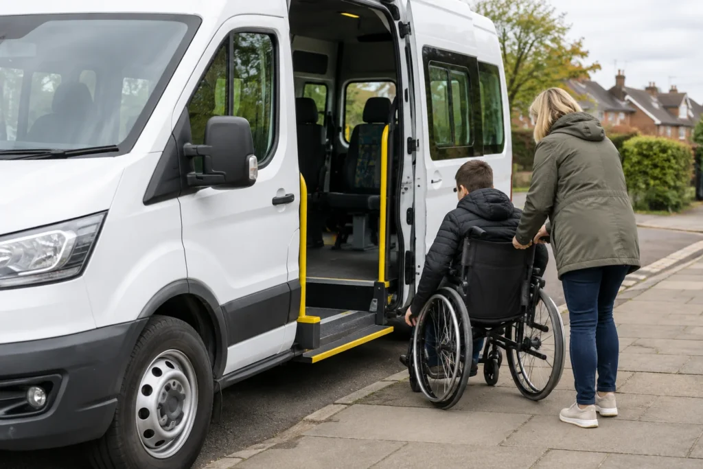 Rear view of a wheelchair user and a companion beside an unbranded minibus