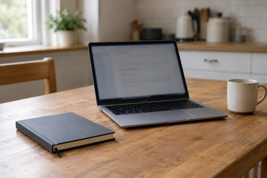 A laptop with an indistinct screen on a kitchen table beside a closed notebook and a mug