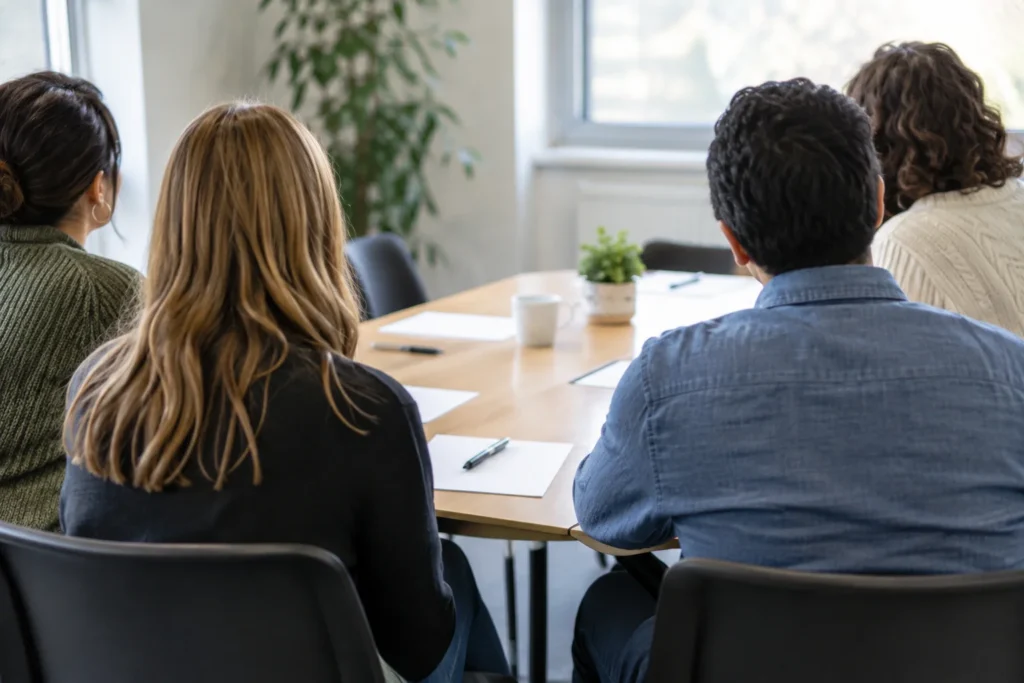 Anonymous adults seated around a meeting table with blank paper and pens, photographed from behind