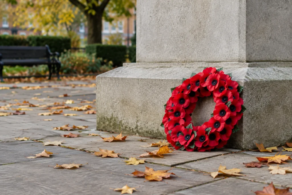 A poppy wreath resting beside a plain stone memorial with autumn leaves on the surrounding paving and no visible inscriptions