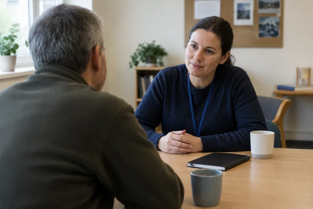 An anonymous adult speaking with an adviser across a desk in a modest community room, with a closed notebook and cups on the table