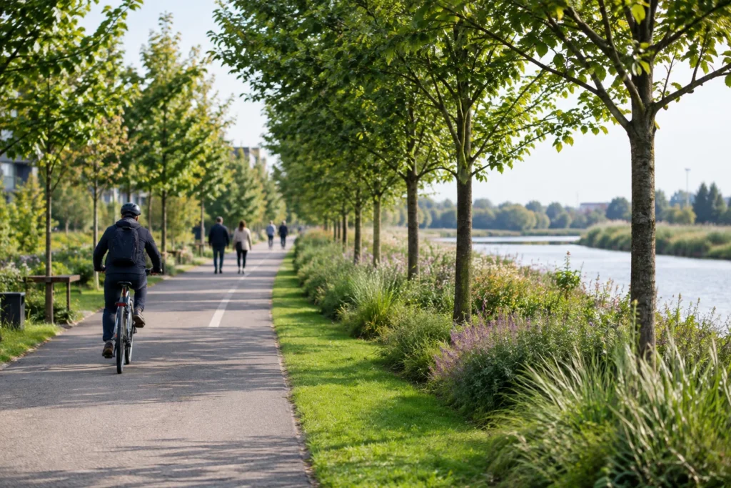 A tree-lined pedestrian and cycle path beside grass and planting, with anonymous walkers in the distance