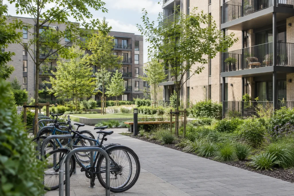 A landscaped apartment courtyard with young trees, bicycle stands and balconies in the background
