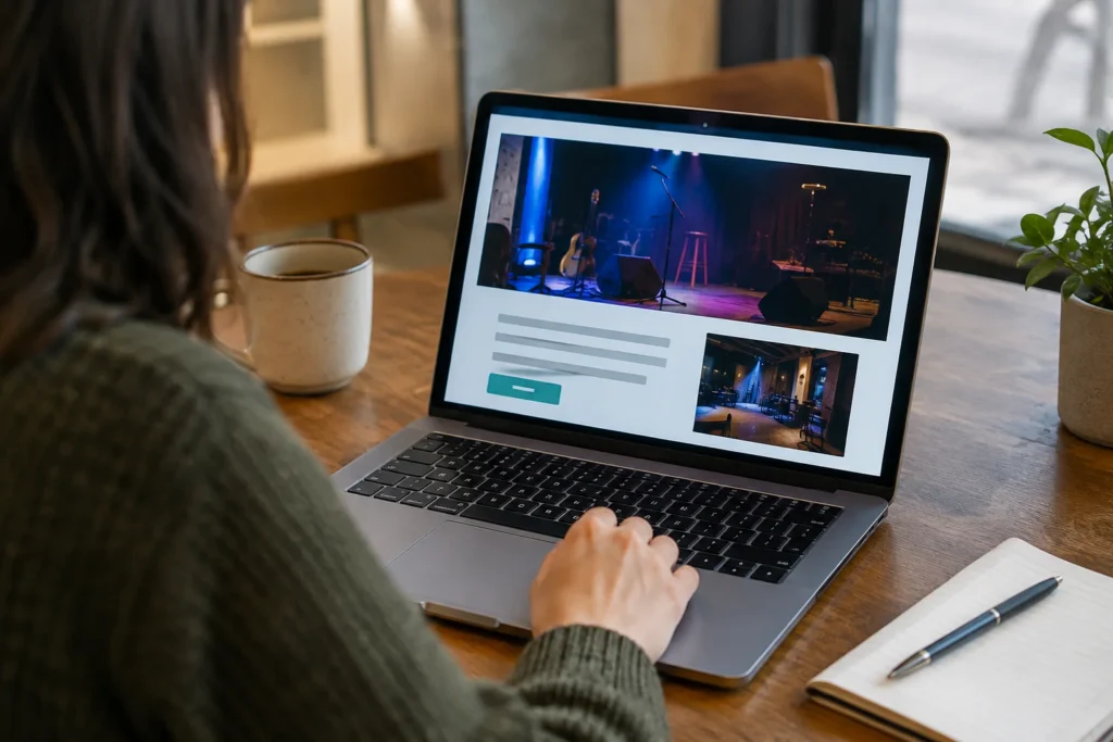 Person using a laptop displaying concert imagery beside a mug and notebook