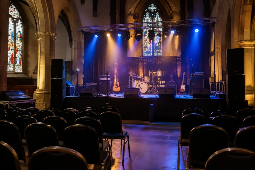 Empty chairs facing a stage with guitars, drums and coloured lights in a church interior