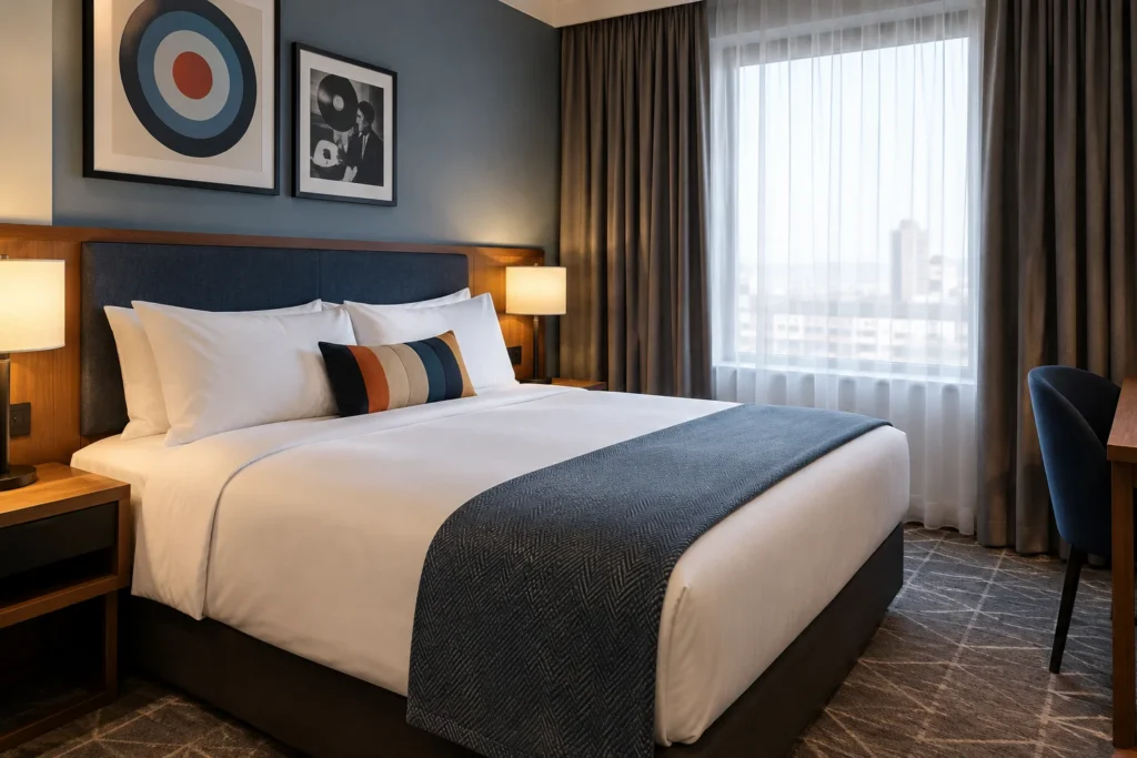 An unoccupied contemporary hotel bedroom with a neatly made bed, bedside lamps and curtains
