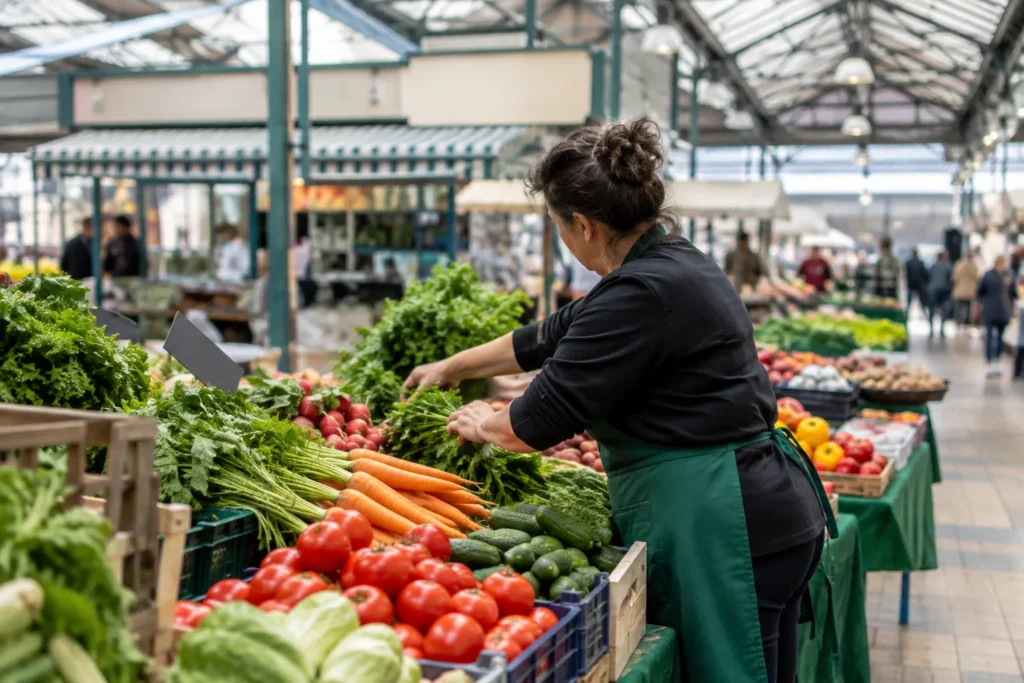 An anonymous market trader arranging fresh produce on a stall inside a covered market