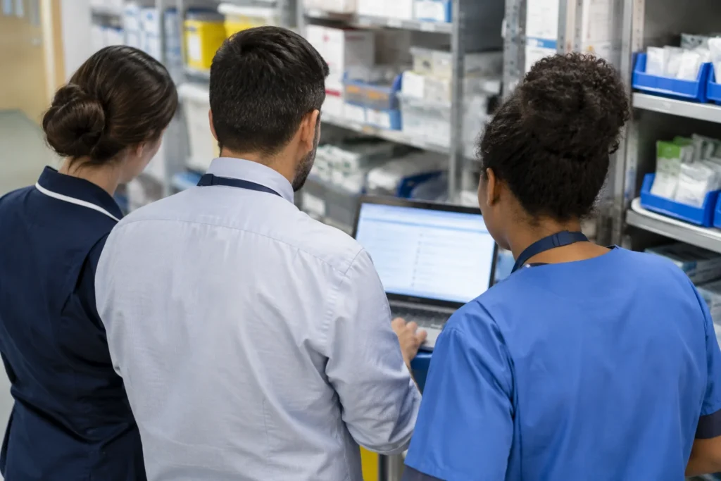 Anonymous colleagues viewed from behind reviewing a laptop beside supply cupboards, with the screen out of focus