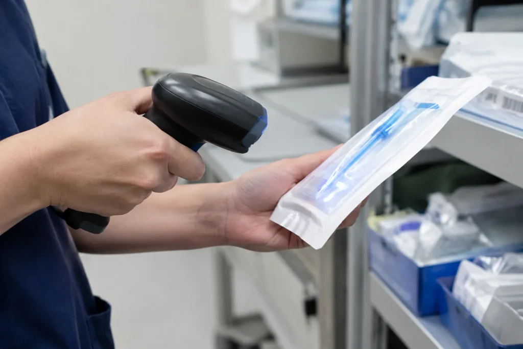 Close-up of anonymous hands holding a handheld scanner beside a sealed medical supply packet, with no readable text