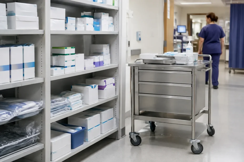 Shelves of plain sealed medical supply boxes beside a clean hospital trolley, with no readable labels