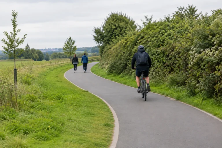 A shared walking and cycling path curving through grassland beside a hedgerow