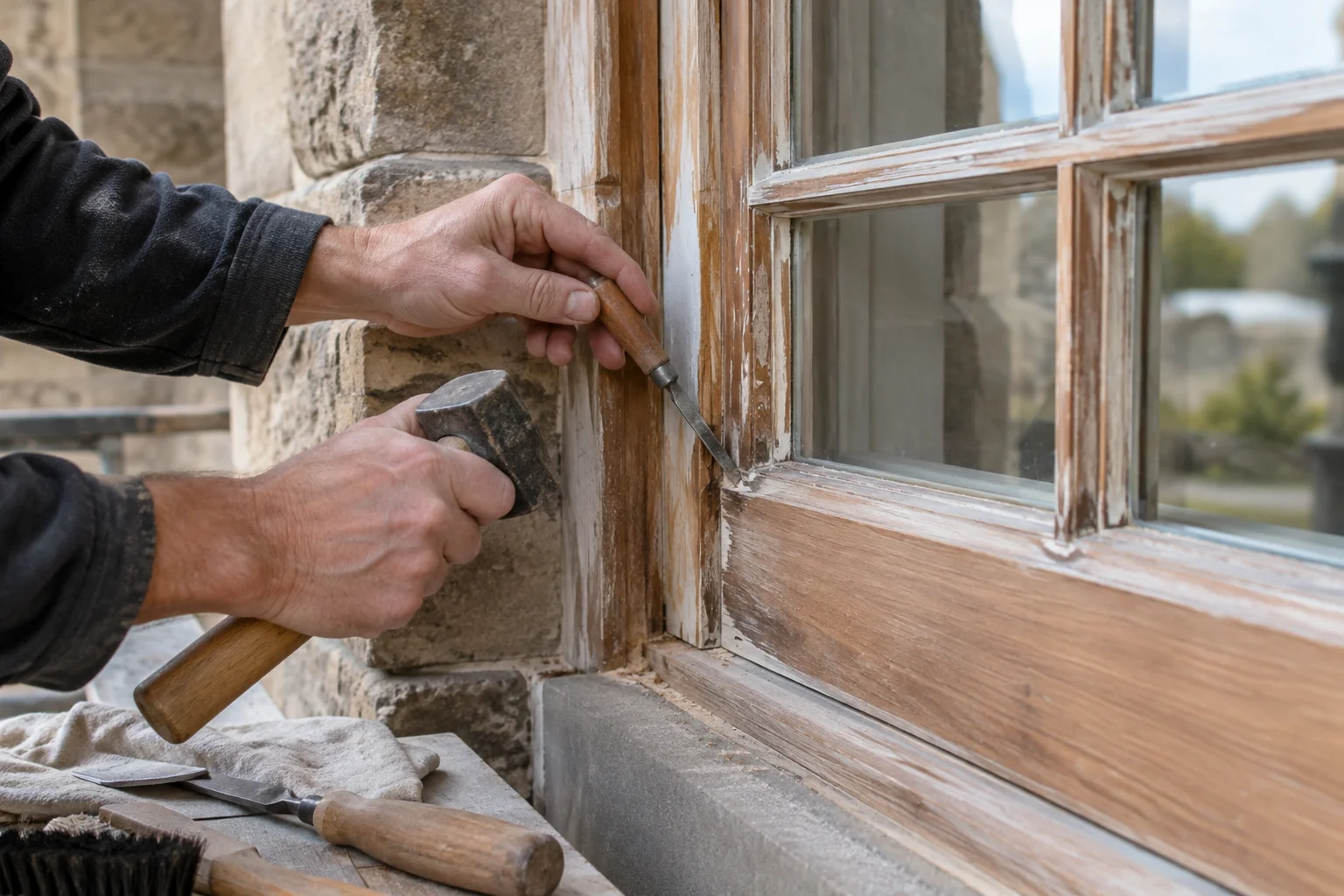 A close view of anonymous hands repairing a timber window frame beside stone masonry, with plain tools and no branding.