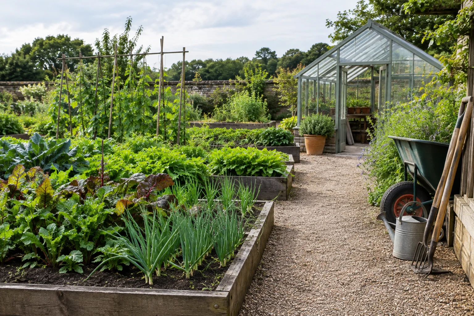 An ordinary kitchen garden with vegetable beds, a simple glasshouse and gardening tools beside a gravel path, without signs or people.