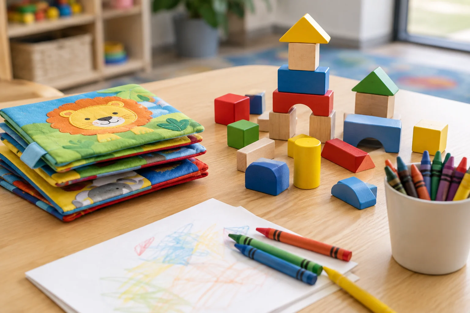 A close-up of cloth books, wooden building blocks and crayons on a low play table, with no readable text