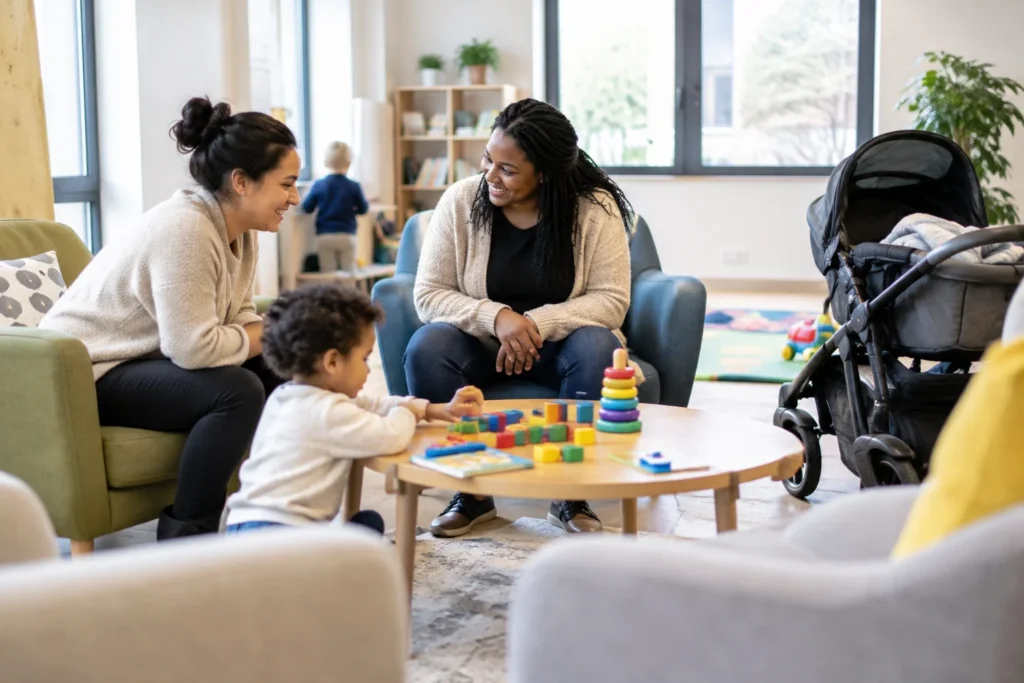 A bright generic community room with comfortable chairs, a pram and a low table of toys, with no readable text