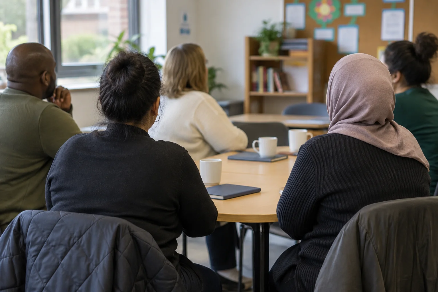 Anonymous adults seen from behind seated around a table in a community meeting room, with cups and closed notebooks