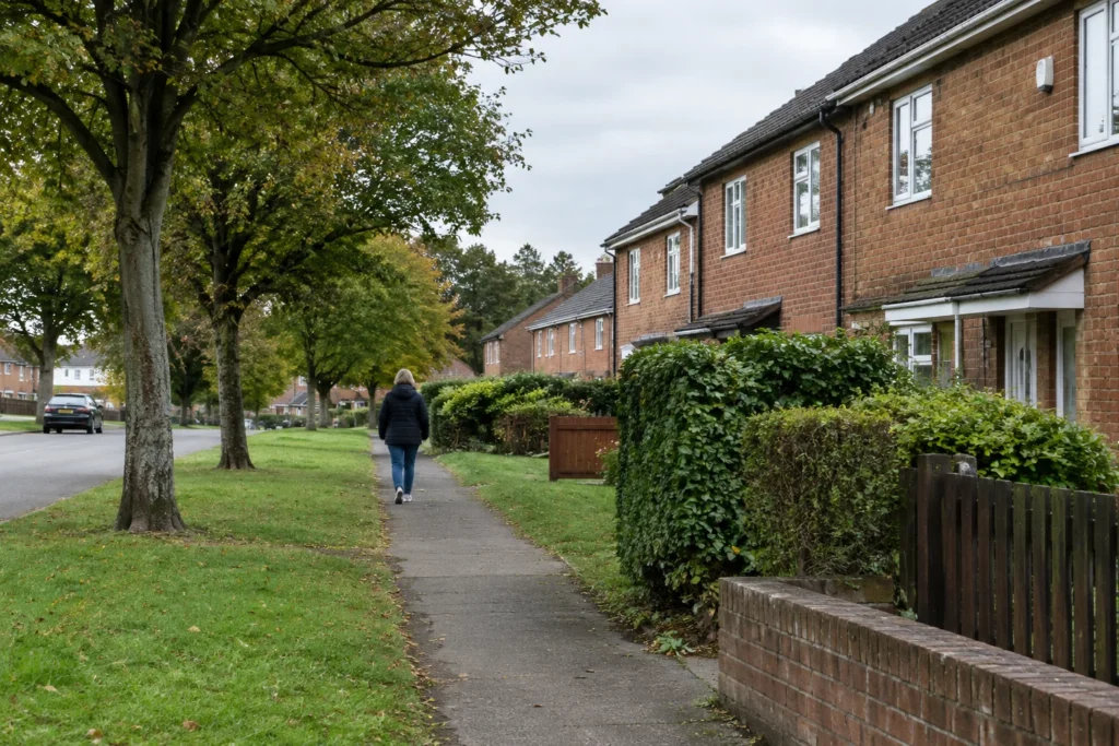A residential footpath beside brick homes, grass verges and mature trees under an overcast sky