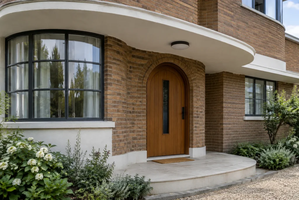 An arched timber doorway beneath a curved pale canopy, with brickwork and a small garden border