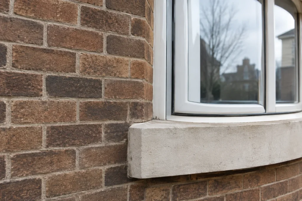 Close view of brown brickwork beside a curved window and a pale concrete ledge in soft daylight