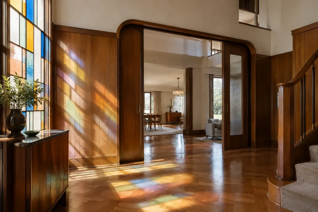 Coloured geometric glass casting soft light across timber wall panelling and a parquet floor