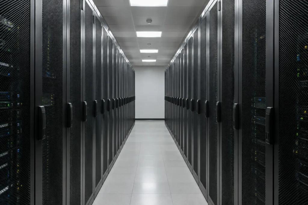 An empty aisle between enclosed server racks with soft overhead lighting