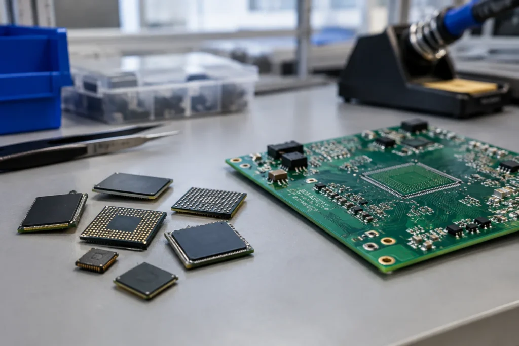Unbranded semiconductor packages resting beside a plain circuit board on a workbench