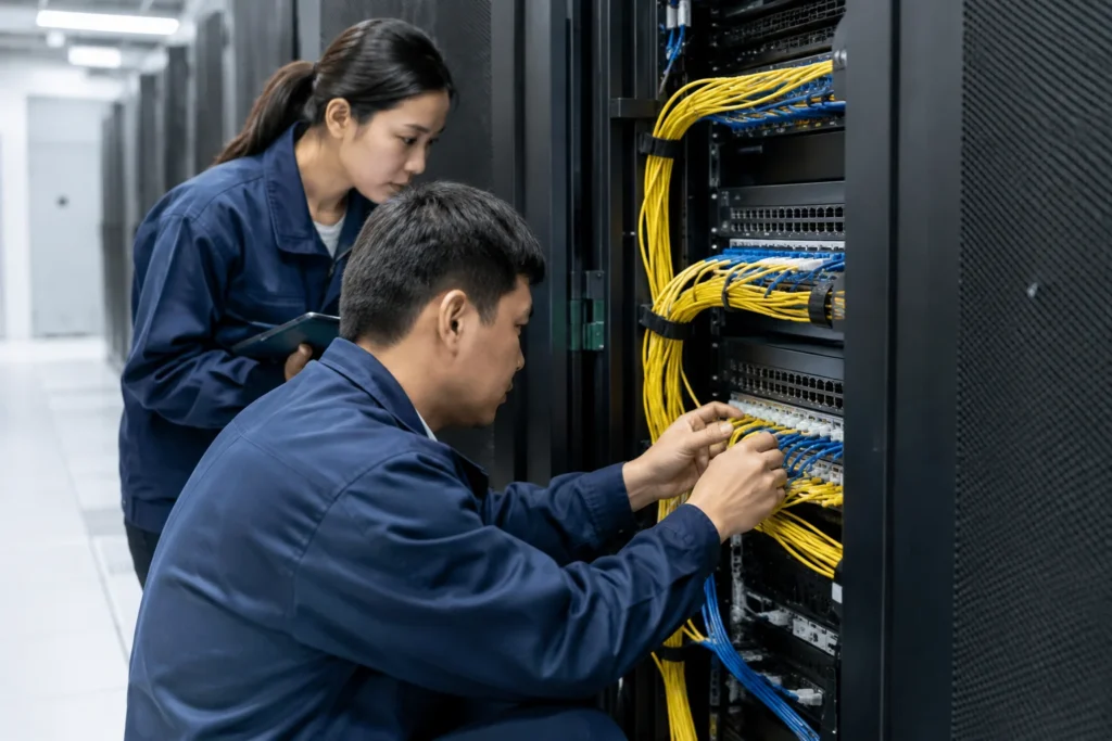 Anonymous technicians inspecting fibre-optic patch cables beside a server cabinet