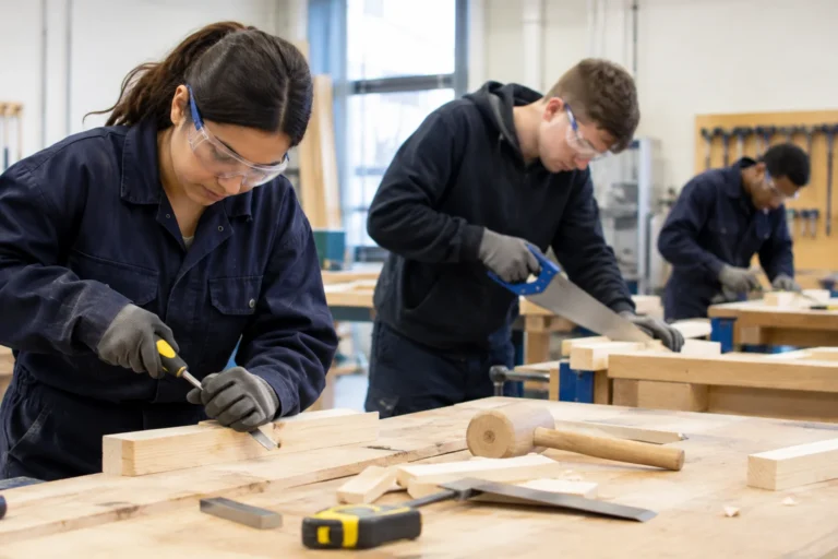 Anonymous trainees wearing protective equipment practising joinery at a workshop bench