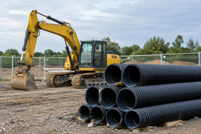 An excavator beside neatly stacked drainage pipes on a fenced construction site