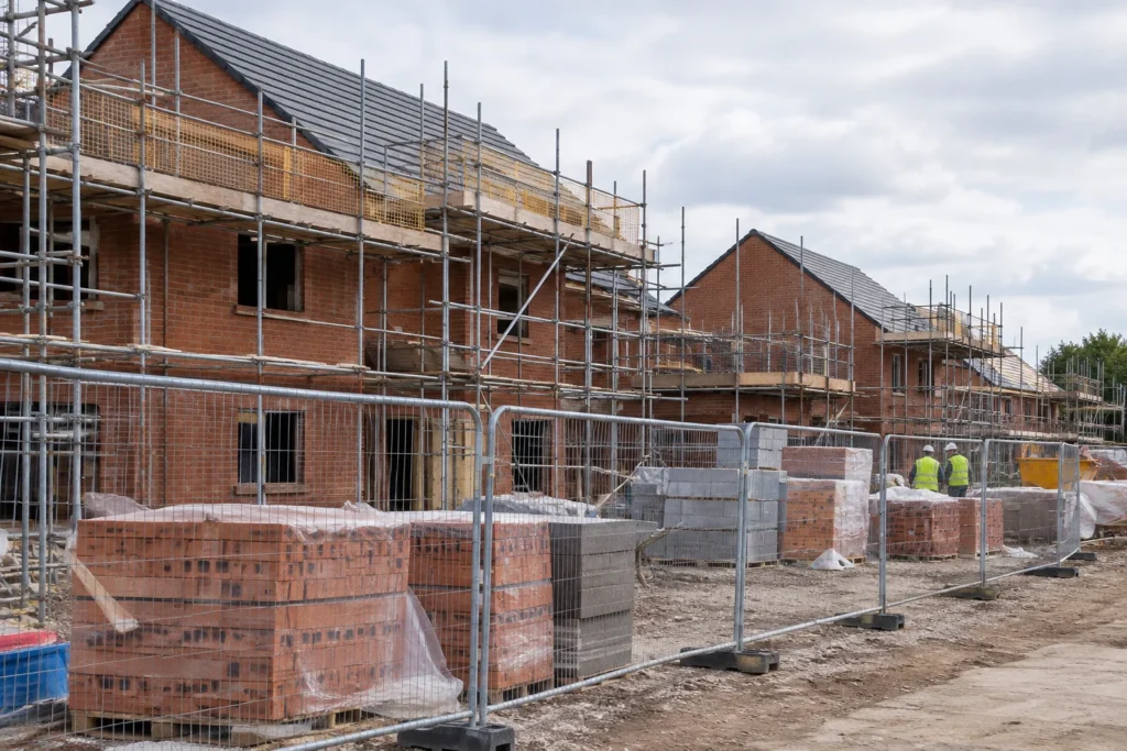 Brick houses under construction behind temporary fencing, with scaffolding and stacked building materials