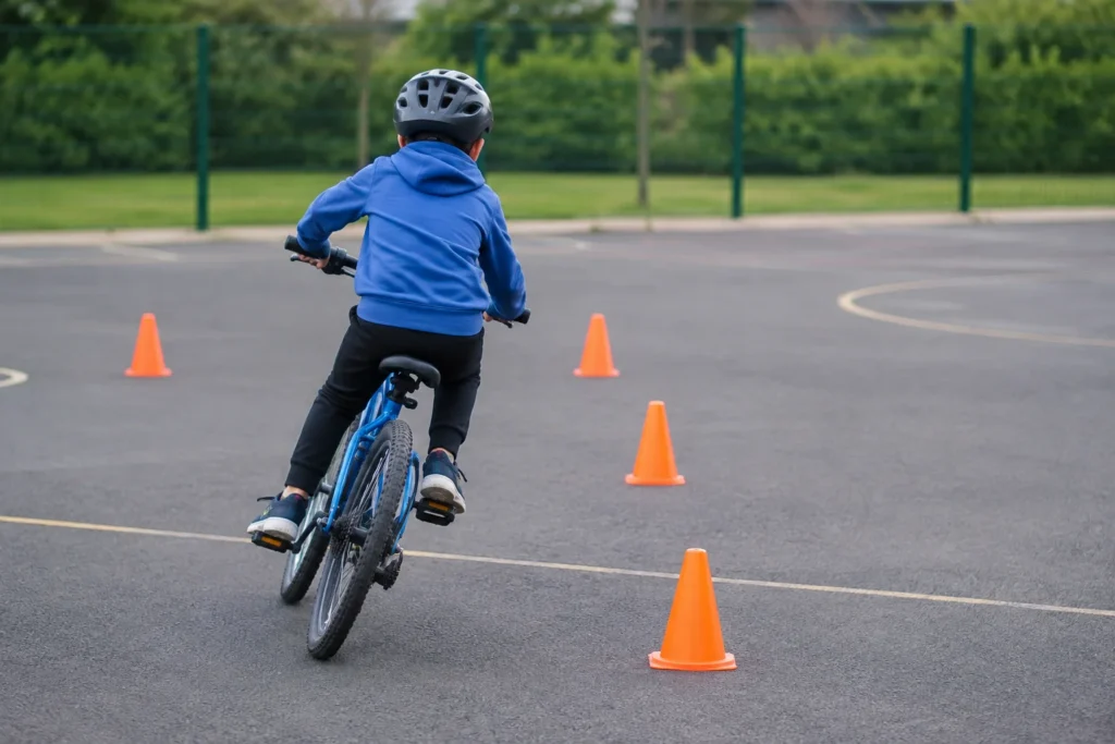An anonymous helmeted cyclist practising a turn around cones on a traffic-free paved playground, viewed from behind.