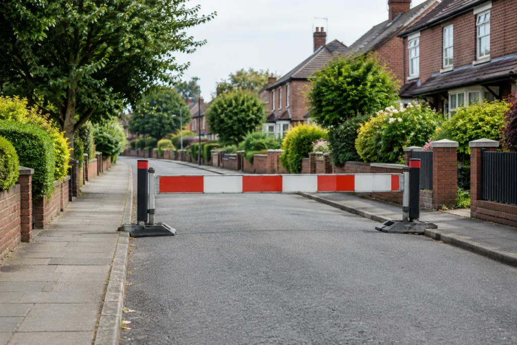 A temporary barrier across a quiet residential road, with a clear pavement, brick houses and leafy front gardens, without readable signs.