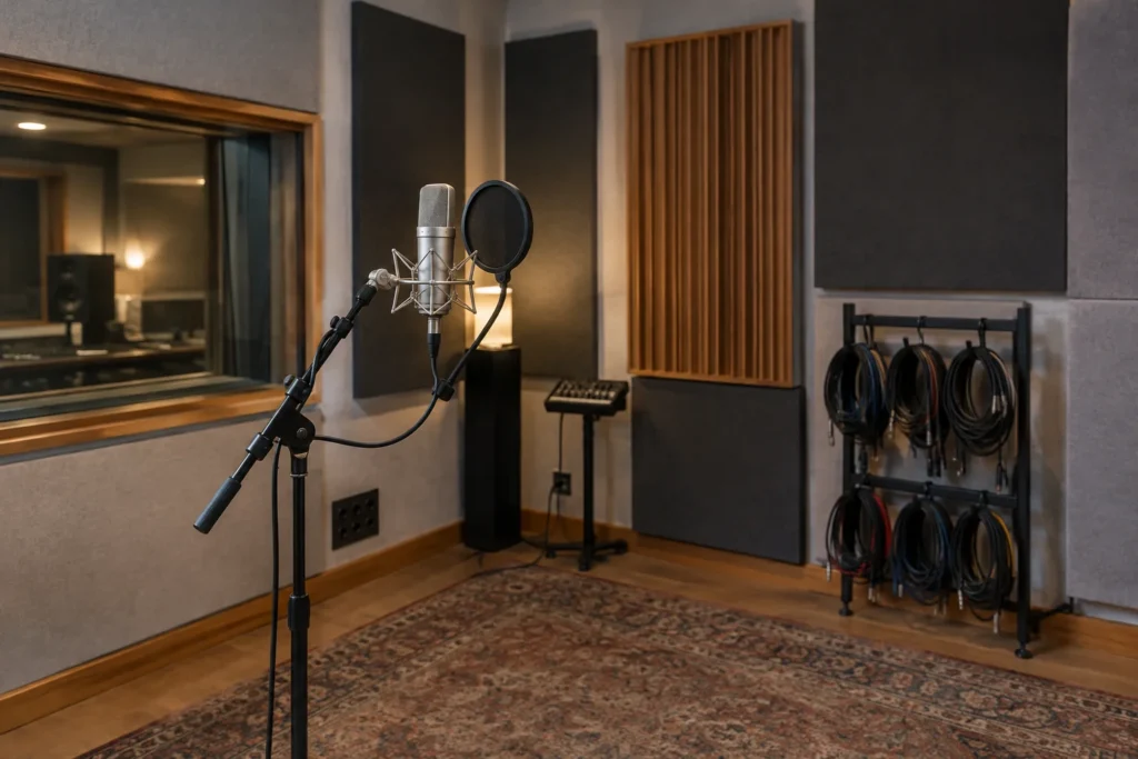 An empty recording room with a microphone, acoustic panels and coiled audio cables, without branding or readable text
