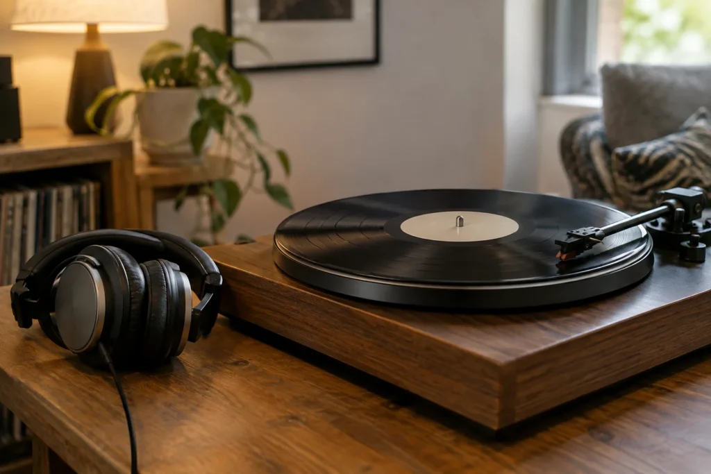 A vinyl record on a turntable beside headphones in a softly lit room, with no readable labels