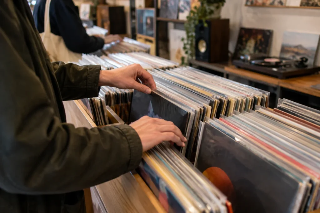 Anonymous hands browsing plain record sleeves in a small independent record shop, with no readable text
