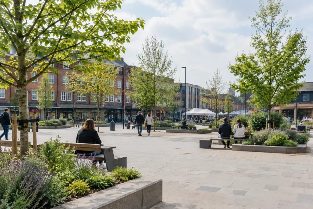 A paved public square with benches, young trees and planting beds in soft daylight