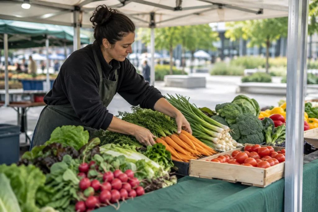 An anonymous stallholder arranging fresh vegetables on a covered market counter