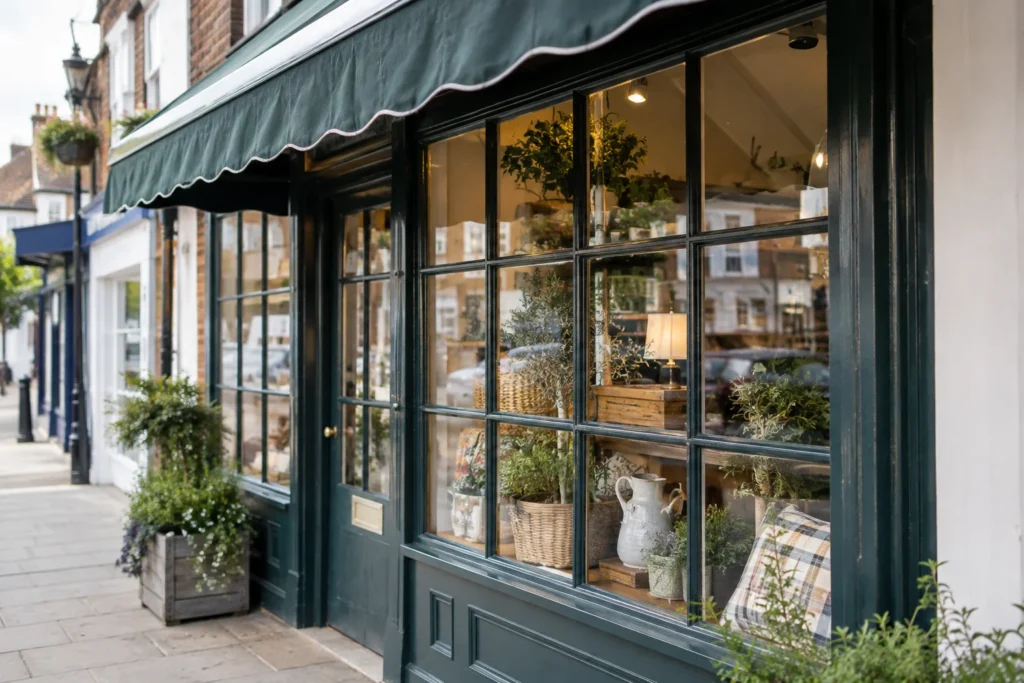 A close view of a traditional shopfront with timber window frames and an awning, without visible lettering